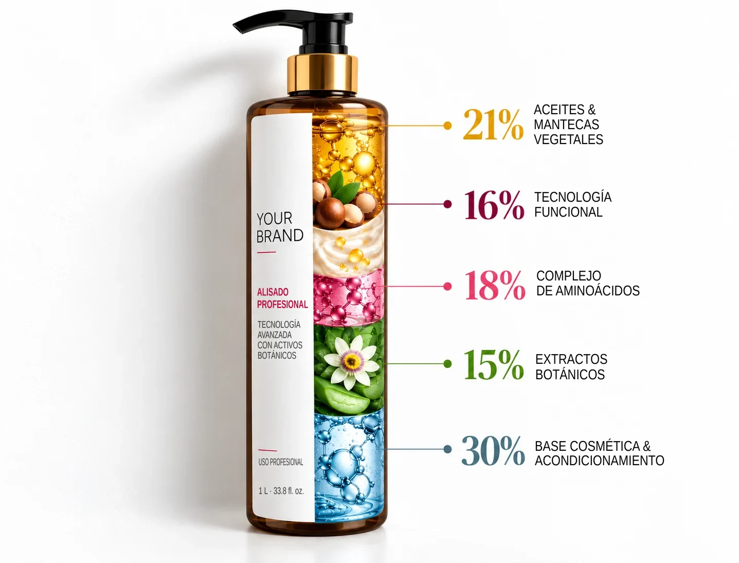 Fórmula de alisado profesional: 21% aceites y mantecas vegetales, 16% tecnología funcional, 18% complejo de aminoácidos, 15% extractos botánicos y 30% base cosmética y acondicionamiento
