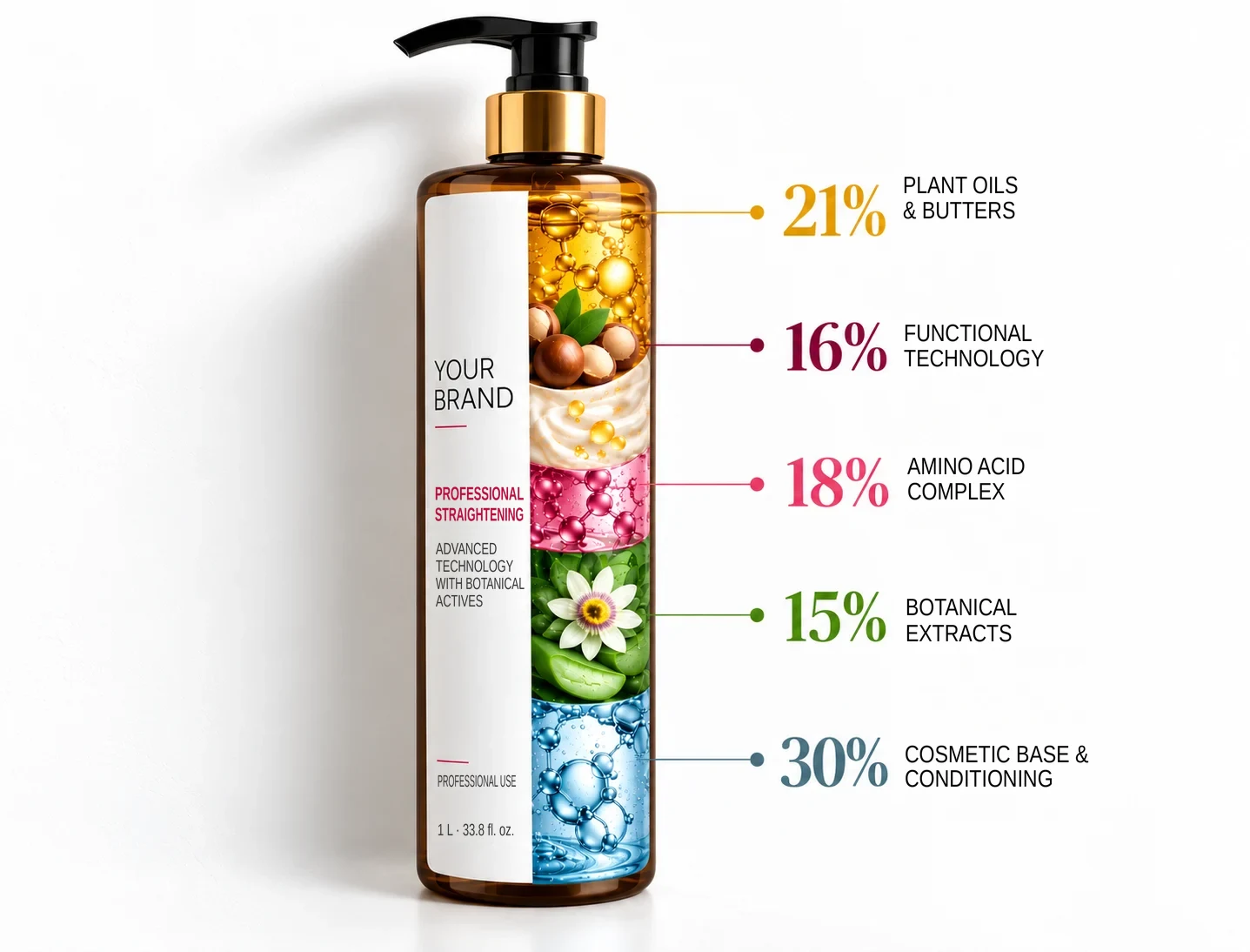 Professional straightening formula: 21% plant oils and butters, 16% functional technology, 18% amino acid complex, 15% botanical extracts and 30% cosmetic base and conditioning