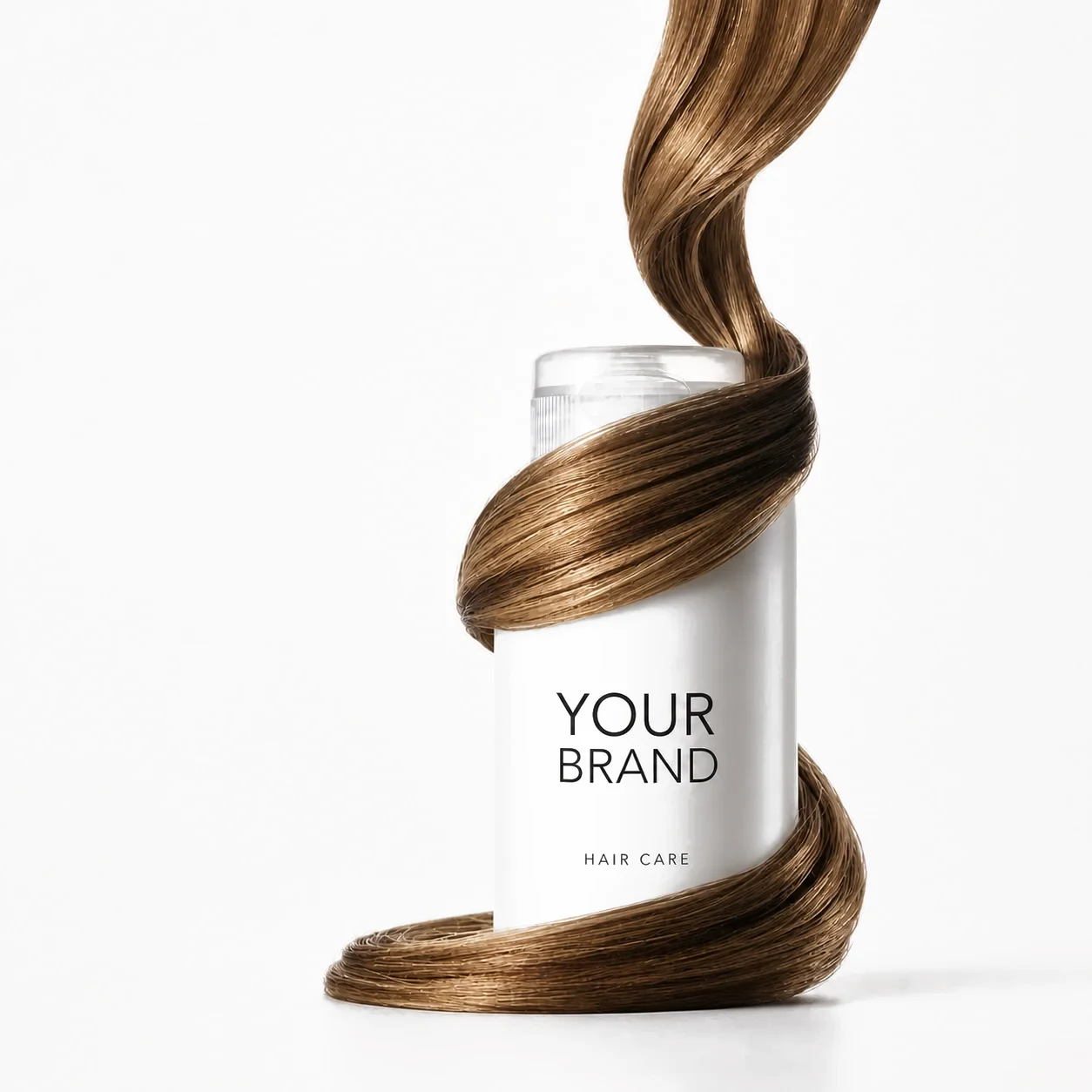 Embalagem de produto capilar de marca própria com madeixa de cabelo