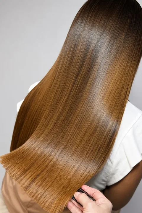 Shiny, smooth brown hair after the liquid protein treatment