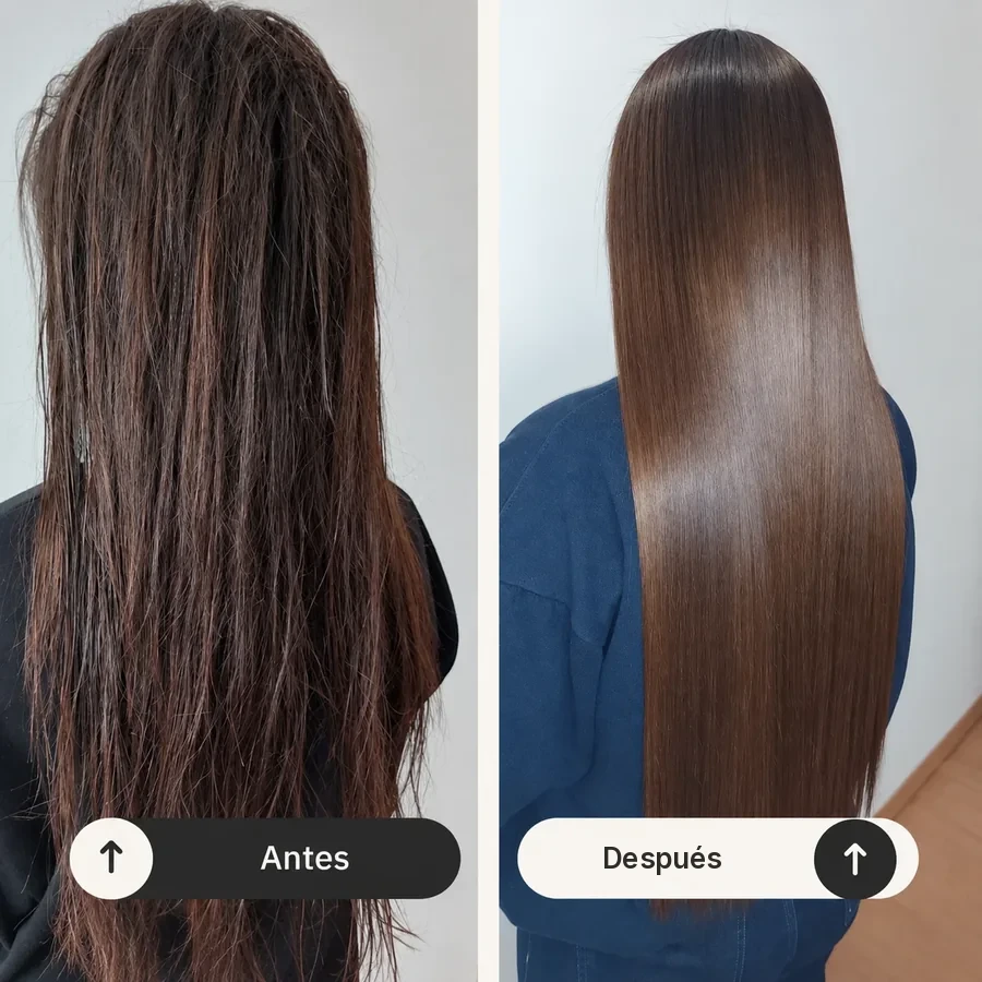 Antes y después de una rutina de Cronograma Capilar en cabello castaño