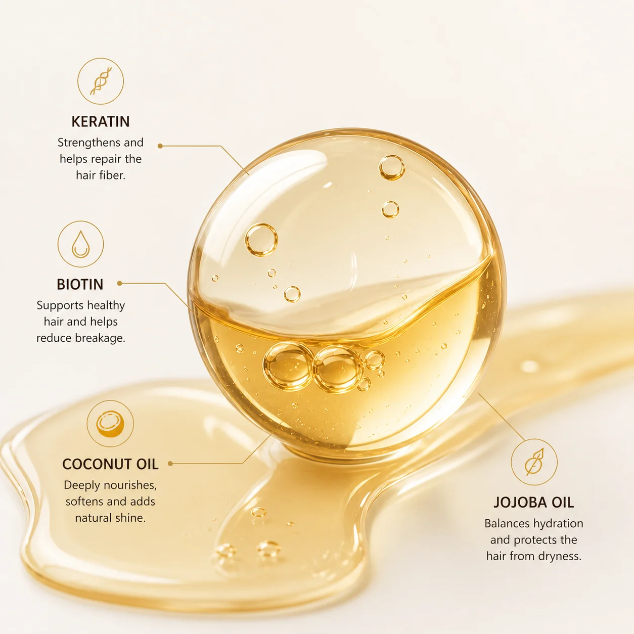 Aceite cosmético con ingredientes activos Keratin Biotin - formulación capilar profesional