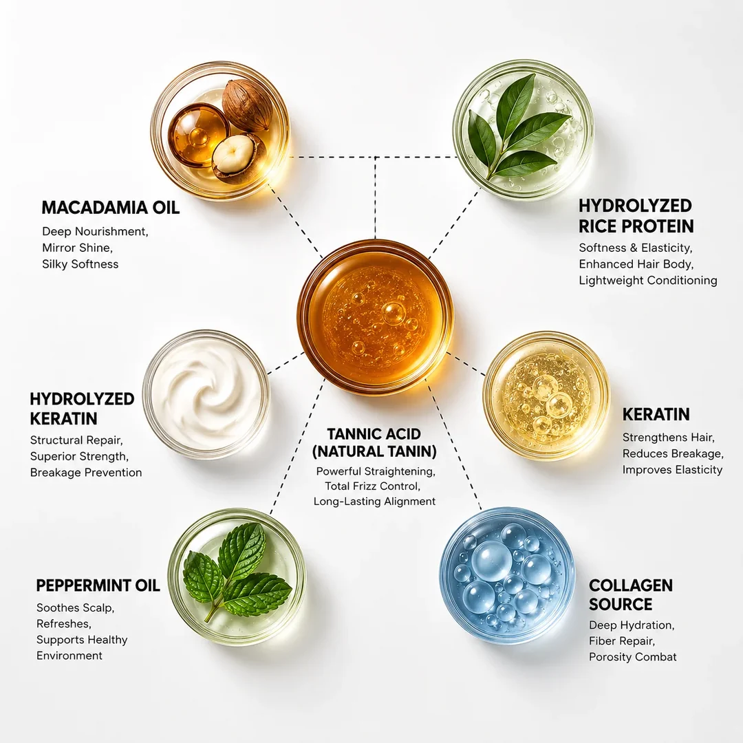 Activos capilares profesionales: ácido tánico, keratina hidrolizada, proteína de arroz hidrolizada, colágeno, aceite de macadamia y menta · ClickBeauty Labs