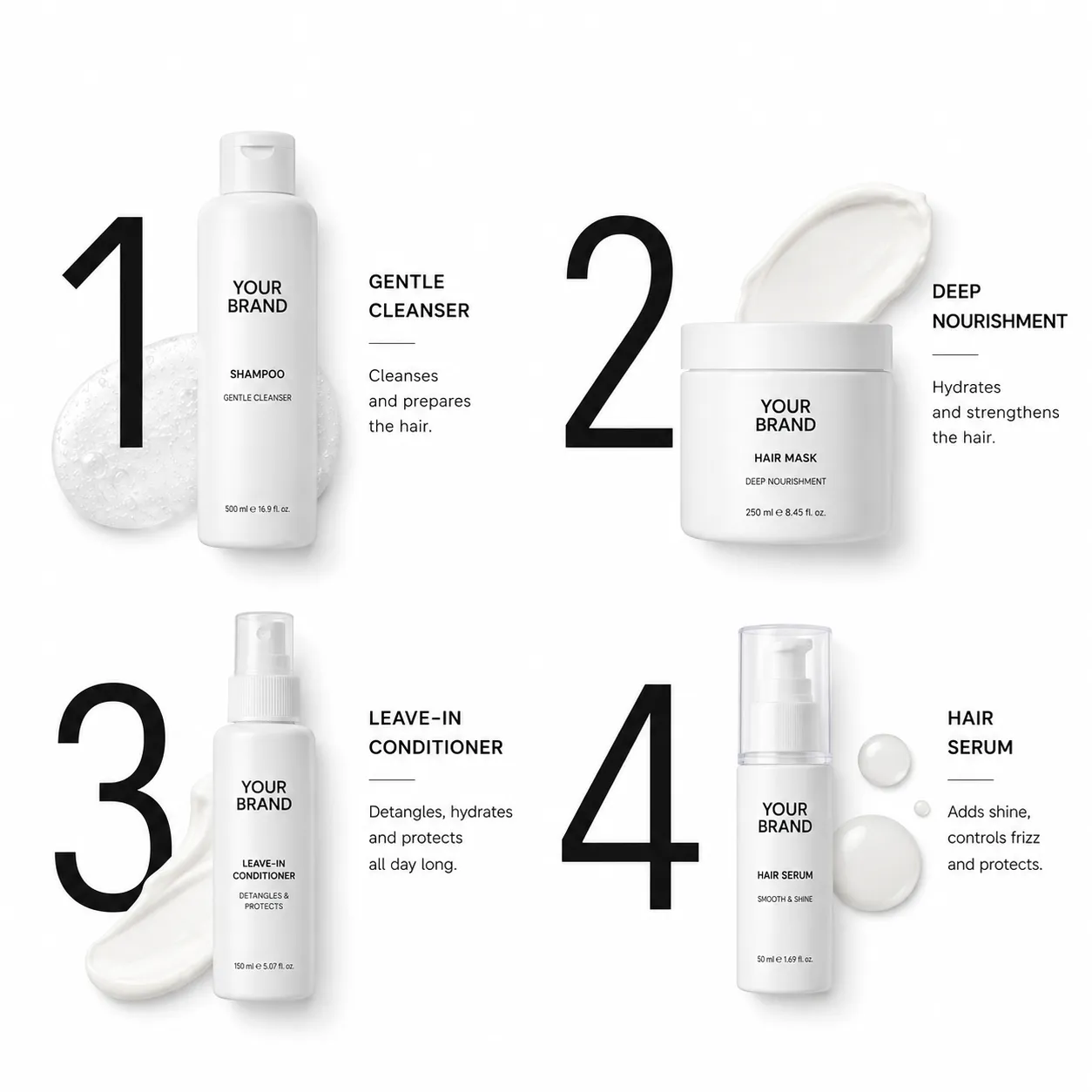 Gama capilar completa de marca propia: champu, mascarilla, acondicionador y serum