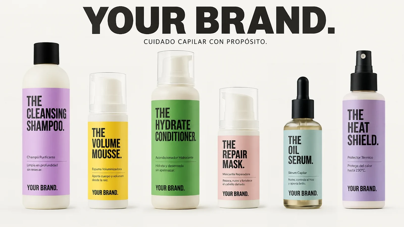 Línea capilar profesional de marca propia: champú, acondicionador, mascarilla, sérum, espuma y protector térmico personalizados · ClickBeauty Labs