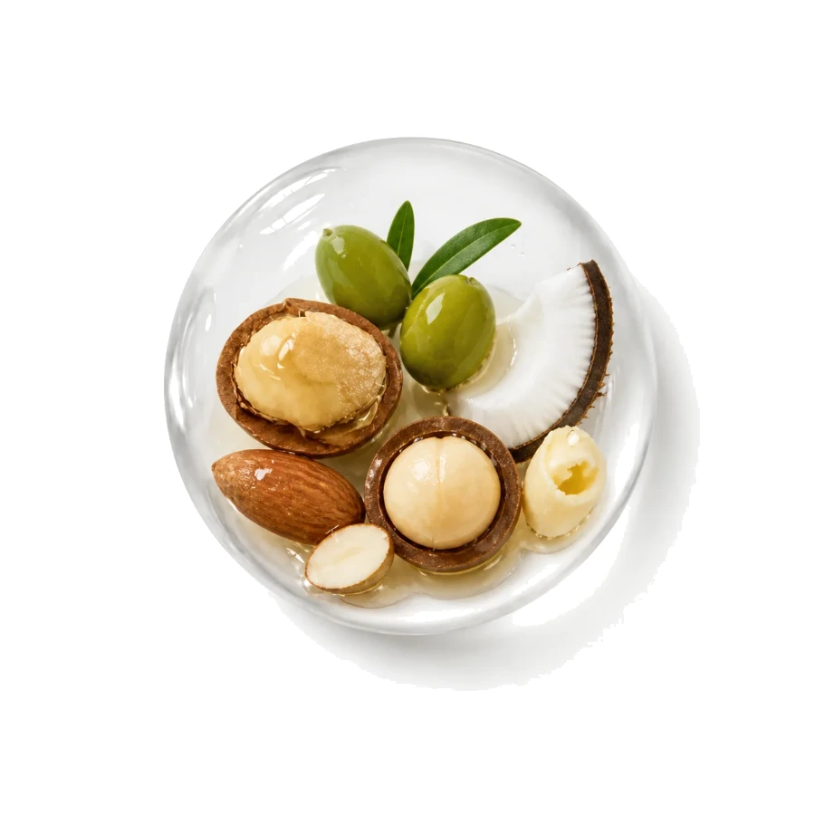 Aceites nutritivos y suavizantes del blend de las fórmulas de alisado de Click Beauty Labs: almendra, macadamia, coco y oliva