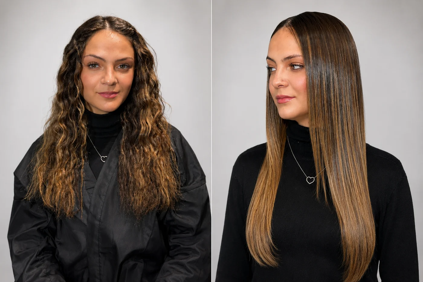 Antes y después de un alisado brasileño de Click Beauty Labs: cabello rizado y encrespado antes, liso y con brillo después