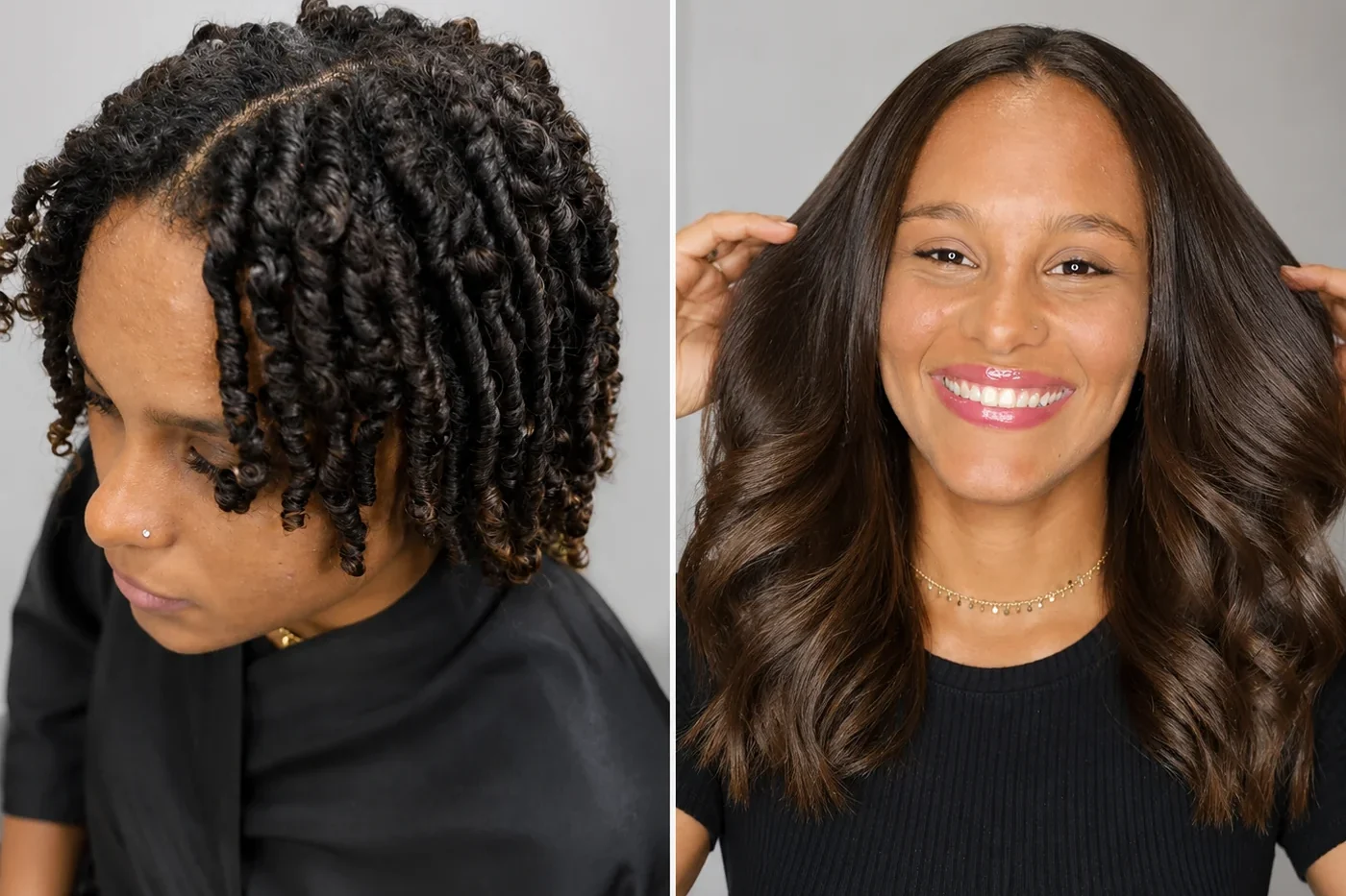 Antes y después de un alisado de Click Beauty Labs en cabello afro: rizo cerrado antes, liso con movimiento y brillo después