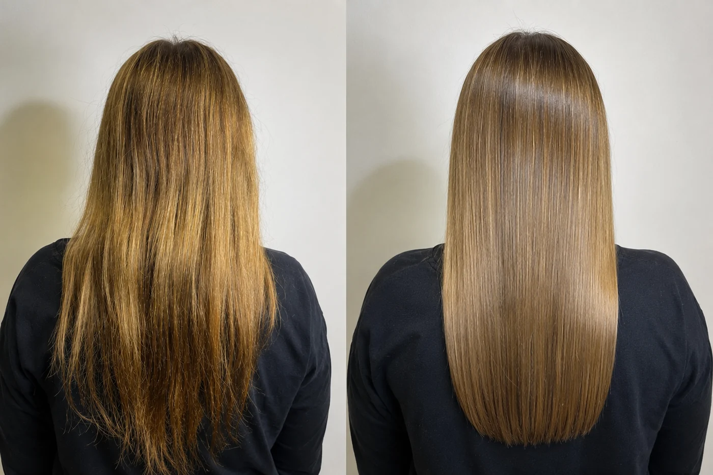 Antes y después de un BTX capilar de Click Beauty Labs: cabello encrespado y con puntas abiertas antes, liso y brillante después