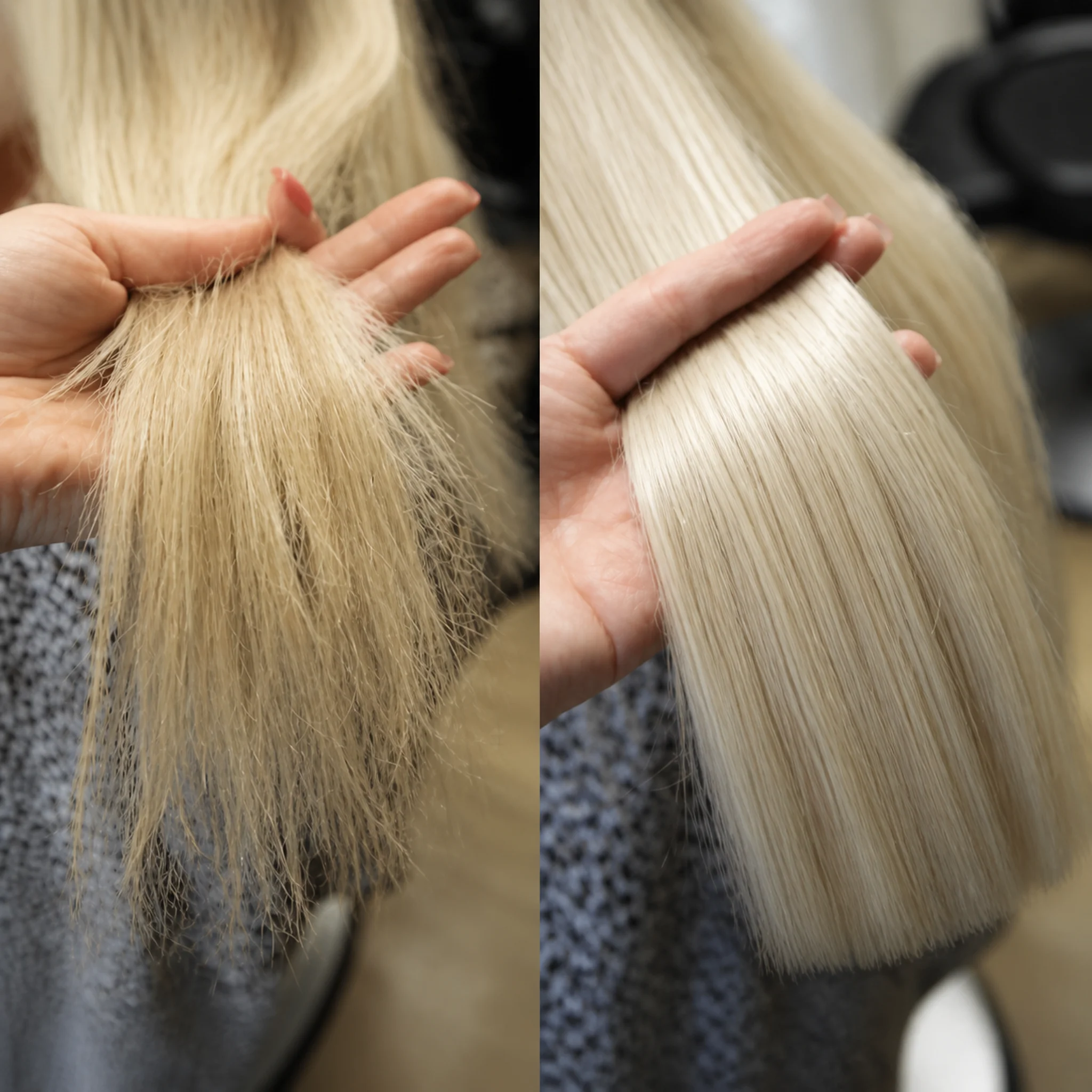 Cabello tratado químicamente antes y después de la reconstrucción